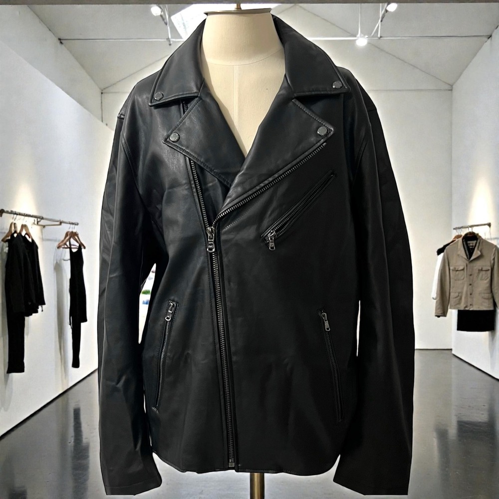 Michael‎ Kors Black Faux Leather Moto Biker Jacket Womens Large Teal Lining
